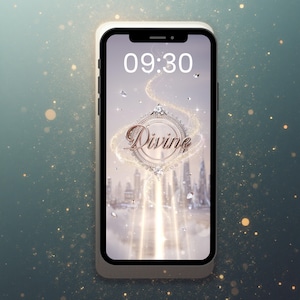 May include: A smartphone with a white case displays a lock screen with the word "Divine" in an ornate, circular design. The background features a cityscape with sparkling light effects and the time 09:30.