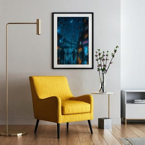 Cyberpunk Cityscape Digital Art Print – Futuristic Sci-Fi Wall Decor, AI Robots & Neon Skyscrapers | Instant Download