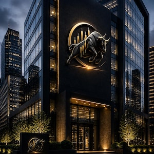 May include: A contemporary office building at dusk. The facade features a large gold emblem of a bull and stock market indicators. The building is dark with illuminated windows and a wet, reflective surface.