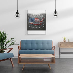 Arte mural con mapa de EE. UU. / Impresión digital de bandera metálica 3D Titan / Decoración patriótica en plata y oro brillante / Arte imprimible de Estados Unidos