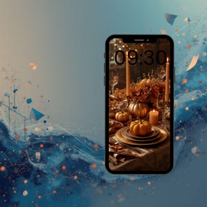 May include: A smartphone screen shows a festive autumn table setting with pumpkins, candles, and flowers. The time 09:30 is displayed. The background is a blend of blue and white with abstract designs.