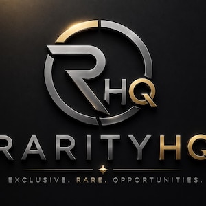 May include: A metallic logo on a black background. The logo features the letters "R" and "HQ" within a silver circle, with gold accents. Below, the word "RARITYHQ" is displayed, along with the text "EXCLUSIVE. RARE. OPPORTUNITIES."