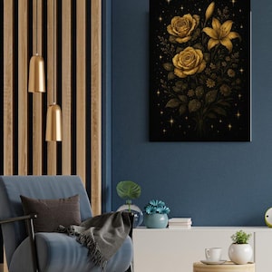 Galactic Garden canvas muurkunst | Gouden bloemenprint | Bedrukte woondecoratie | Moderne botanische illustratie