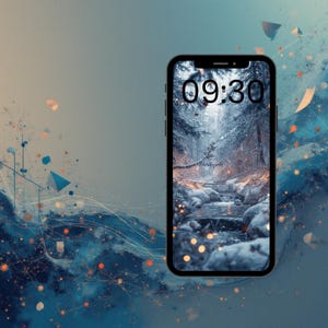 May include: A smartphone with a black frame shows a winter forest scene with a stream and snow. The time 09:30 is displayed at the top. The background is a blue and teal abstract design with scattered shapes.