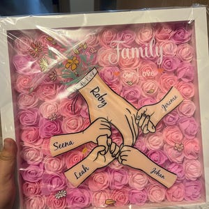 May include: A white frame filled with pink foam roses, with a hand-drawn illustration of five hands holding each other. The hands are labeled with the names Roby, Seena, Leah, Johan, and Jerome. The text "Family our love" is written at the top of the frame.