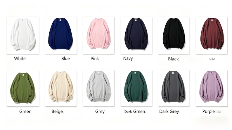 May include: A collection of crew neck sweatshirts in various colors, including white, blue, pink, navy, black, red, green, beige, grey, dark green, dark grey, and purple. Each sweatshirt is displayed on a white background.