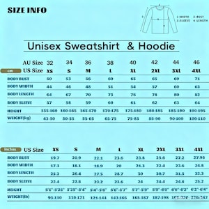 May include: A size chart for unisex sweatshirts and hoodies, displaying measurements in both centimeters and inches. The chart includes sizes from XS to 4XL, with corresponding body bust, width, length, and sleeve measurements, as well as height and weight ranges.