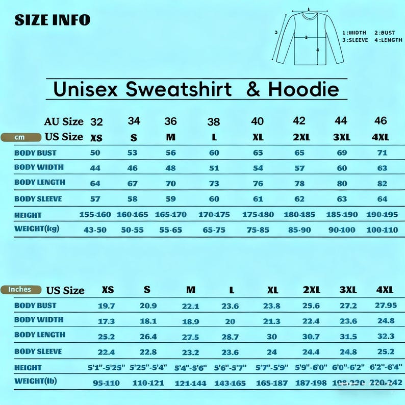 May include: A size chart for unisex sweatshirts and hoodies, displaying measurements in both centimeters and inches. The chart includes sizes from XS to 4XL, with corresponding body bust, width, length, and sleeve measurements, as well as height and weight ranges.