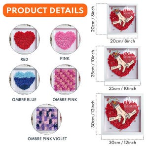 May include: Product details for a framed heart-shaped arrangement of artificial roses. The frame is available in five sizes: 8x8 inches, 10x10 inches, and 12x12 inches. The roses are available in red, pink, ombre blue, ombre pink, and ombre pink violet.