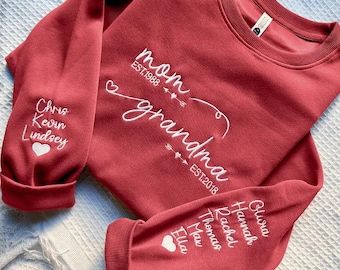 Custom Embroidered From Mom to Grandma Sweatshirt with Kids Names on Sleeves, Grandma Sweater, Custom Mom Est Year
