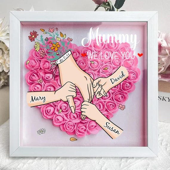 Personalized Mom Flower Shadow Box, Mother's Day Gift, Custom Roses Shadow Box, Flower Mother Day,Gift for Mom, Grandma Nana, with Names
