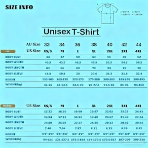 May include: A size chart for a unisex t-shirt, with measurements in both centimeters and inches. The chart includes sizes from XS/S to 4XL, detailing body bust, width, length, sleeve, height, and weight.