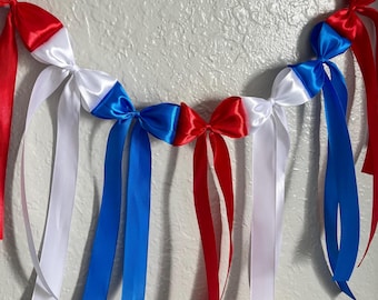 Red White Blue Satin Bow Garland: Patriotic Americana Decor