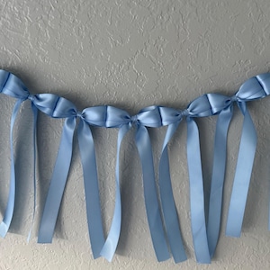 Blue Satin Bow Garland - Coquette Ribbon Decor for Nursery, Bridal & Baby Showers, Weddings and Bow Birthdays - Dainty Party Decor