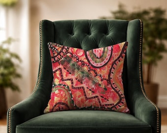 Arte textil pintado a mano / Cojín de lujo único / 22 x 22 cm, accesorio decorativo para el hogar
