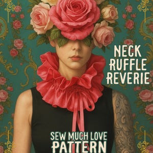 May include: An artistic image features a person adorned with a large rose headdress and a red ruffled collar. The text "NECK RUFFLE REVERIE" and "SEW MUCH LOVE PATTERN" are displayed. The background is teal with floral patterns.