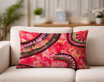 Almohada lumbar abstracta / Arte textil pintado a mano para interiores modernos (56 x 33 cm)