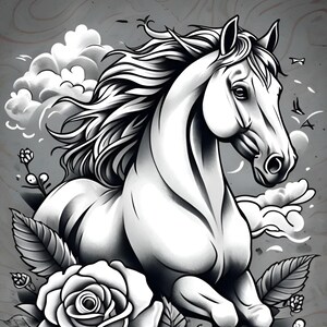 Arte mural de caballos / Arte floral imprimible en blanco y negro / Decoración gótica ecuestre / Arte animal inspirado en tatuajes / Descarga instantánea