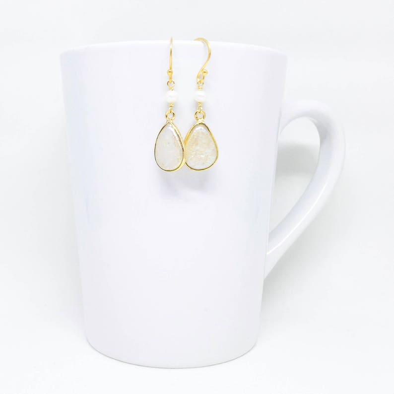 June birthstone jewelry with creamy white gold bezel teardrops Cream freshwater pearl sterling silver gold vermeil dangle earrings E16141