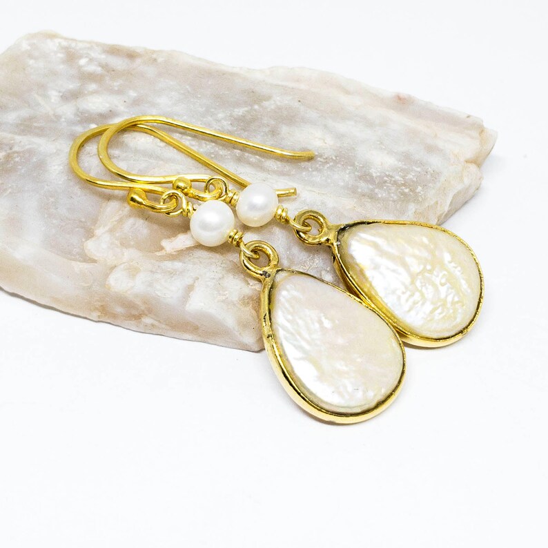 June birthstone jewelry with creamy white gold bezel teardrops Cream freshwater pearl sterling silver gold vermeil dangle earrings E16141