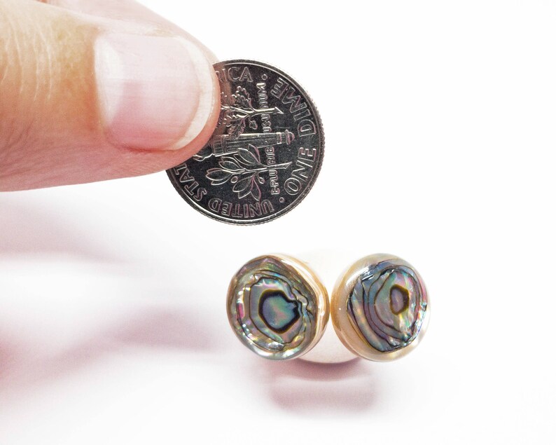 Rainbow bulls-eye abalone stud sterling silver earrings minimalist jewelry with smooth 12mm tan with rainbow sheen gemstones E16027