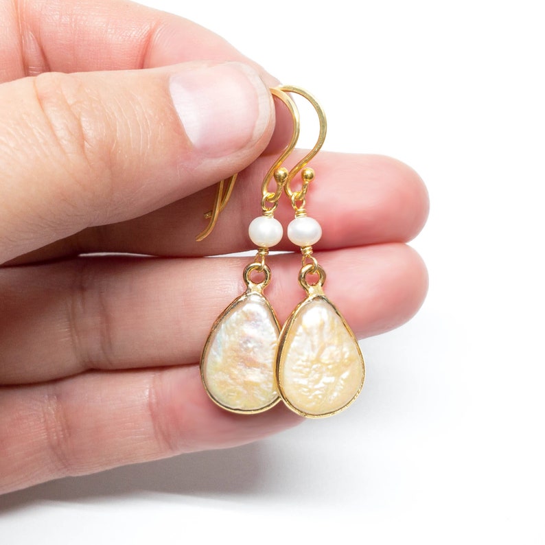 June birthstone jewelry with creamy white gold bezel teardrops Cream freshwater pearl sterling silver gold vermeil dangle earrings E16141