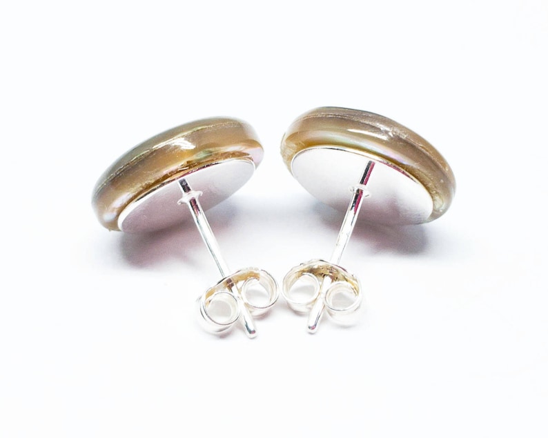 Rainbow bulls-eye abalone stud sterling silver earrings minimalist jewelry with smooth 12mm tan with rainbow sheen gemstones E16027