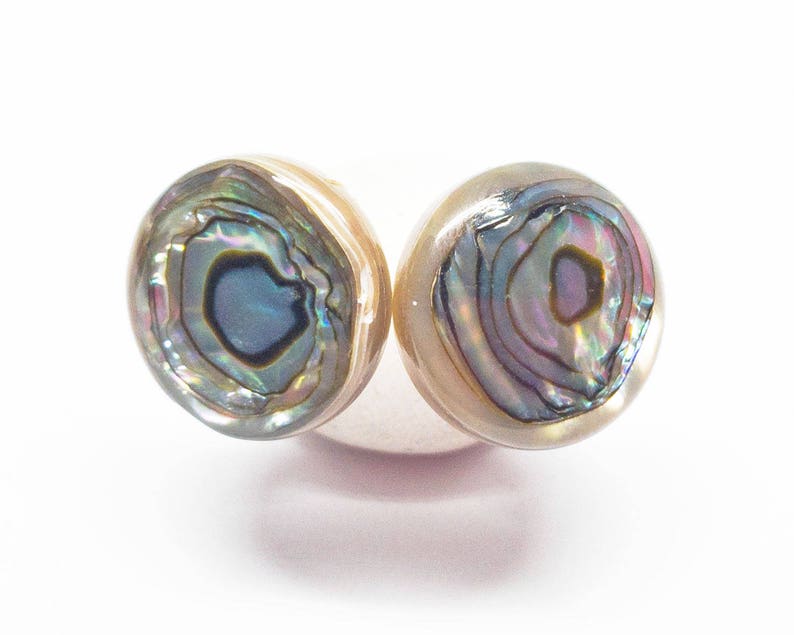 Rainbow bulls-eye abalone stud sterling silver earrings minimalist jewelry with smooth 12mm tan with rainbow sheen gemstones E16027
