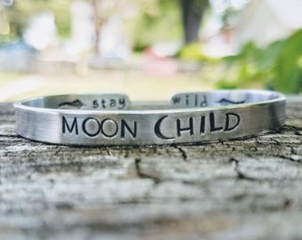stay wild moon child cuff bracelet / uplifting quotes / gift for hippie / bohemian jewelry / nature lover gift / moon mama / pagan jewelry