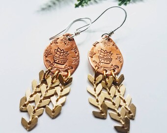 plant lady earrings / plant lover gift / fringe earrings copper brass  / succulent jewelry