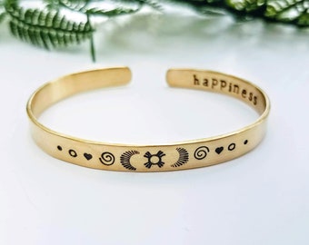 happiness wish bracelet / native american symbolism / hand stamped brass bracelet / inside stamping / secret message bracelet / silver cuff