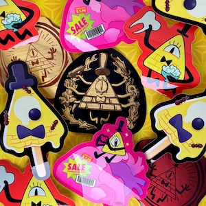 May include: A collection of colorful stickers featuring a yellow triangle character with a top hat and eye, along with other geometric designs. Some stickers have the text "SALE HUMAN HEART" and a price tag.