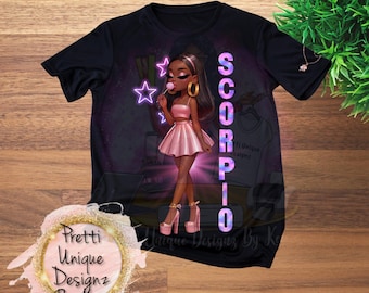 Chica negra con el signo del zodiaco Escorpio PNG, hermosa chica negra, signo del zodiaco transparente PNG, diseño de camiseta de Escorpio, sublimación, descarga digital