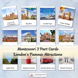 Montessori 3-częściowa karta Atrakcje w Londynie •Karty Flash•Nomenklatura•Materiały edukacyjne•Do druku •Nauka w domu•Odwiedź Wielką Brytanię•Aktywność kulturalna