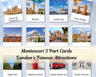 3-delige Montessori-kaart attracties Londen •Flashkaarten•Nomenclatuur•Educatief materiaal•Afdrukbaar •Thuisonderwijs•Bezoek VK•Culturele activiteit