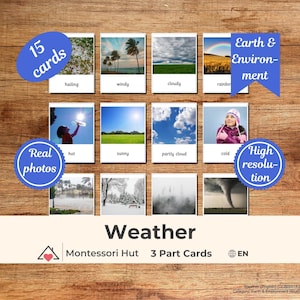 15 Cartes météo Montessori en 3 parties|Cartes de nomenclature|Fiches éducatives PDF Ressources d'apprentissage pour la maternelle, l'école à la maison et la classe|Vocab