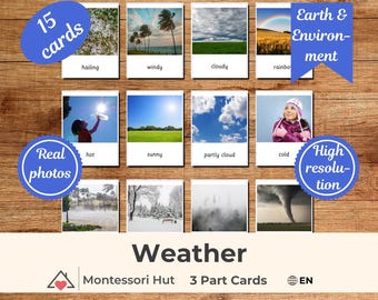 15 Cartes météo Montessori en 3 parties|Cartes de nomenclature|Fiches éducatives PDF Ressources d'apprentissage pour la maternelle, l'école à la maison et la classe|Vocab