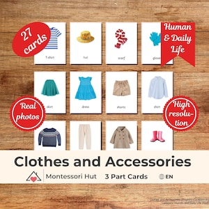 27 Clothes and Accessories Montessori 3 Part Cards|Nomenclature|Educational Flashcards Preschool Homeschool, Classroom Learning Resources