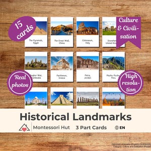 15 Historical Landmarks Montessori 3 Part Cards|Nomenclature |PDF Educational Flashcards Preschool, Homeschool, Classroom Learning Resources