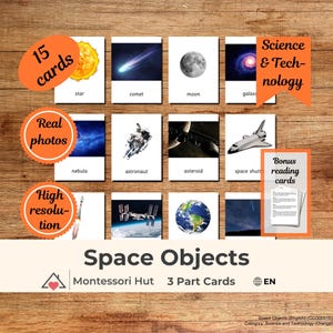 15 Space Objects Montessori 3 Part Cards|Nomenclature Cards|PDF Educational Flashcards Preschool, Homeschool, Classroom Learning Resources