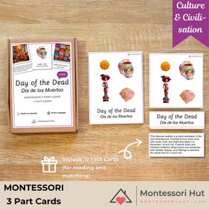 Può includere: Un set di apprendimento Montessori con schede a 3 parti a tema Giorno dei Morti. Il set include una scatola con schede e immagini di teschi di zucchero, decorazioni di carta e altri elementi correlati. Le schede sono progettate per la lettura e l'abbinamento.