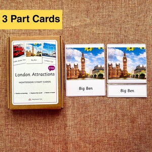 12 Atrações de Londres - Cartões Montessori em 3 Partes - Atividade Educacional de Linguagem para Famílias, Montessori e Escolas Domiciliares