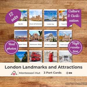 12 London Attractions Landmarks Montessori 3 Part Cards Nomenclature PDF Educational Flashcards Homeschool, Classroom Learning Resources