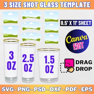 Shot Glass Template Bundle, 1.5oz, 2.5oz, 3oz Shot Glass Wrapper, Shot Glass Svg, Shot Glass Sublimation, Drag and Drop Canva Template