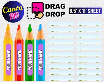 Bleistift-Namensetikettenvorlage, Schuletikettenvorlage, Schulmaterialetiketten svg, druckbares Namensschild, Schulanfang-Etikettenvorlage, Canva Edit