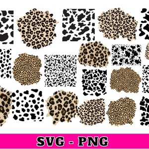 May include: A set of 16 digital clipart images featuring various leopard print patterns in black, white, and brown. The patterns are in different shapes and sizes, including squares, circles, and irregular shapes.
