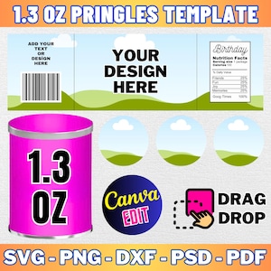 May include: A printable template for a 1.3 ounce Pringles can label. The template features a pink can with the text "1.3 OZ" in black. The template also includes a space for a design, a nutrition facts label, and a drag and drop area. The text "Canva EDIT" is in a yellow circle. The text "DRAG DROP" is in a black rectangle with a pink interior.