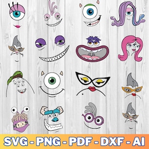 Puede incluir: Un conjunto de 14 caras de monstruos de dibujos animados coloridos, que incluyen un monstruo tuerto, un monstruo con tres ojos, un monstruo con una gran boca y un monstruo con un cuerpo morado. Las caras están todas en un estilo de dibujos animados y son perfectas para usar en manualidades, scrapbooking u otros proyectos creativos.