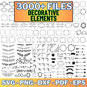 Puede incluir: Una colección de más de 3.000 elementos decorativos, que incluyen marcos, bordes, espirales, flechas y diseños florales. Los elementos son en blanco y negro y están dispuestos en filas sobre un fondo blanco. El texto "3000+ FILES DECORATIVE ELEMENTS" está en la parte superior de la imagen. El texto "SVG - PNG - DXF - PDF - EPS" está en la parte inferior de la imagen.