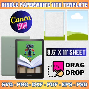 May include: A digital illustration of a robot holding a book open on top of a stack of books. The image is displayed on a Kindle Paperwhite 11th generation e-reader. The image is a template for a 8.5 x 11 inch sheet. The text "DRAG DROP" is in a pink box with a hand pointing to it.